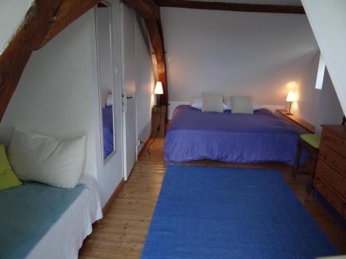 een slaapkamer met 2 bedden en een blauw tapijt bij Au Moulin Géant in Rochefort-sur-Loire