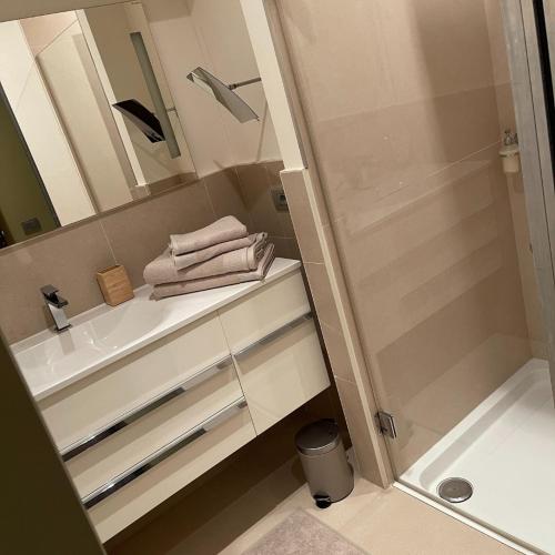 een badkamer met een wastafel en een douche met handdoeken bij B&B Park Rodenbach in Roeselare