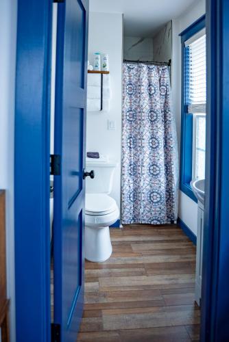 La salle de bains bleue est pourvue de toilettes et d'un lavabo. dans l'établissement Van Wormer Room 201, Hyland Hotel, à Palmer