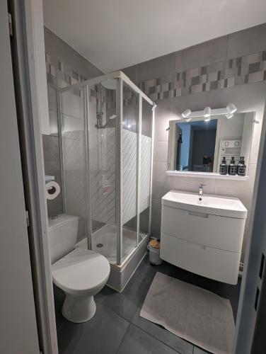une salle de bain avec toilettes, douche et lavabo dans l'établissement Maisonnette proche mer 4 pers, à Courseulles-sur-Mer