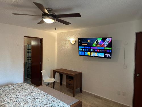 カンクンにあるSuite POKTAPOKのベッドと壁にテレビが掛かった寝室