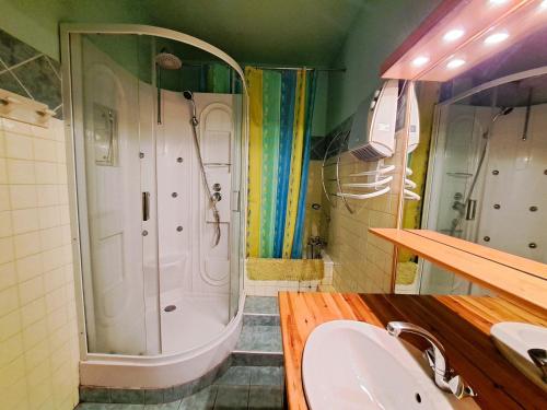 une salle de bain avec douche et lavabo dans l'établissement Grand T3 avec terrasse, équipement complet et accès direct galerie commerciale à Pra-Loup 1600 - FR-1-165A-54, à Uvernet