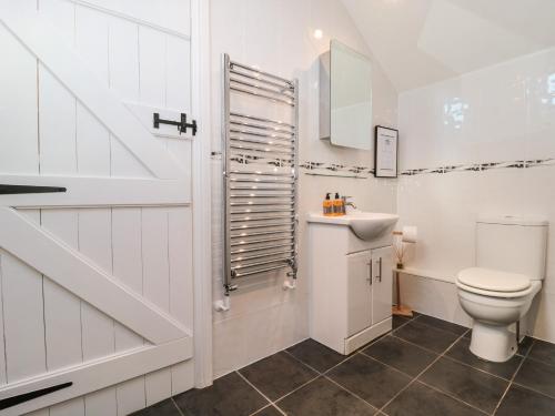 een witte badkamer met een toilet en een wastafel bij The Deer in Blakeney