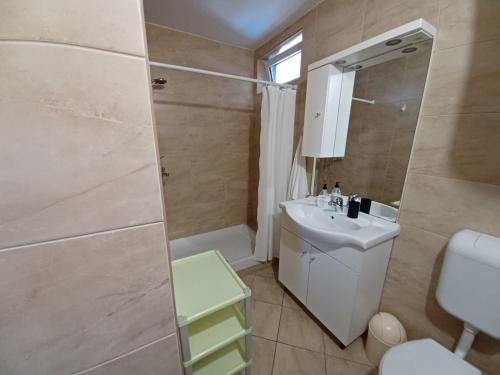 y baño con lavabo, ducha y aseo. en Apartments Anchor with shared swimming pool, en Privlaka