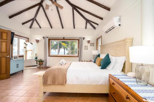 een slaapkamer met een groot bed en een raam bij Private Oceanfront 4-Bed Villa wPool on Huge Lot in Seine Bight Village