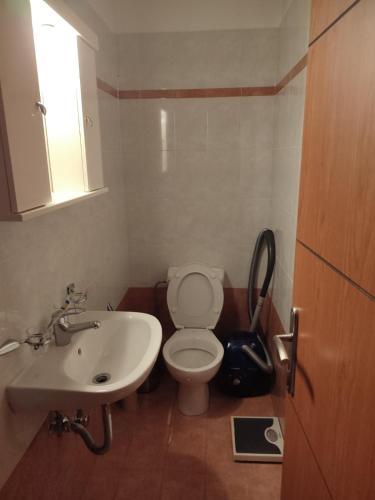 a bathroom with a white toilet and a sink at Apartment on the highest spot in Sparta in Sparta