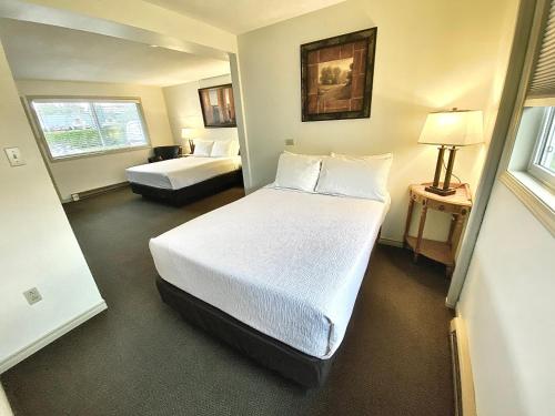 a hotel room with two beds and a window at Arbutus Grove Motel in Parksville