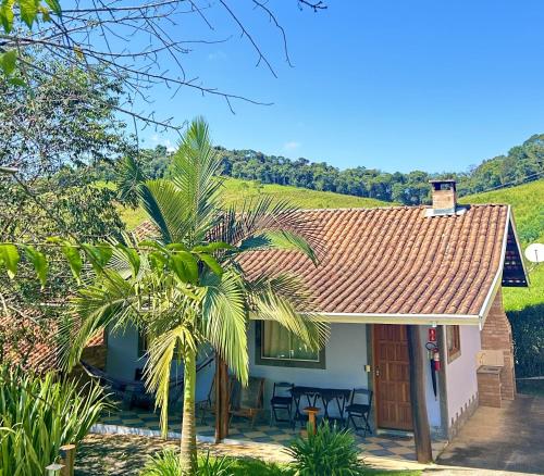 a house with a palm tree in front of it at Pousada Verdes Alpes in Santo Antônio do Pinhal