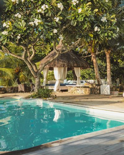 a swimming pool with a hut and a tree at Harmonie in Rivière Noire