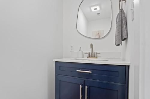 baño con armario azul y espejo en Perfect for large groups, en Indianápolis