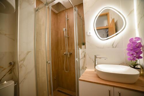 a bathroom with a sink and a shower at Old Town Apartment in Užice