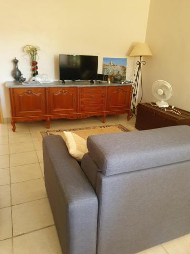 un salon avec un canapé et une télévision à écran plat dans l'établissement Appartement T2 bas de villa avec jardinet au calme proche mer, à La Seyne-sur-Mer