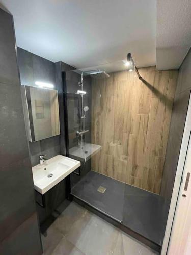 une salle de bain avec un lavabo blanc et une douche dans l'établissement Gare - Elégant appartement pour pros ou touristes, à Chambéry