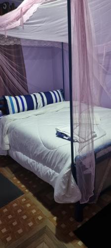 a bed with a canopy with blue and white pillows at Finland in Migori