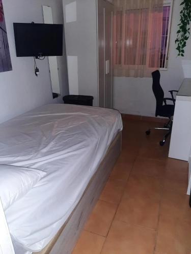 une chambre avec un lit, un bureau et une télévision dans l'établissement Maison calme dans hameau, à Valmascle