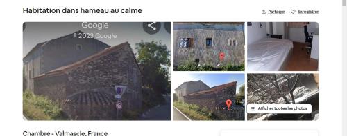 un collage de photos de bâtiments et d'une pièce dans l'établissement Maison calme dans hameau, à Valmascle