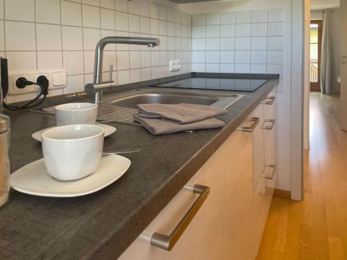 um balcão de cozinha com um lavatório com pratos e chávenas em Holiday apartment lucky guy em Oberstaufen