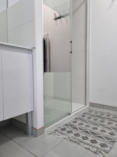 une douche avec une porte en verre et un tapis dans l'établissement Charmante maison entre mer et forêt, à Saint-Jean-de-Monts