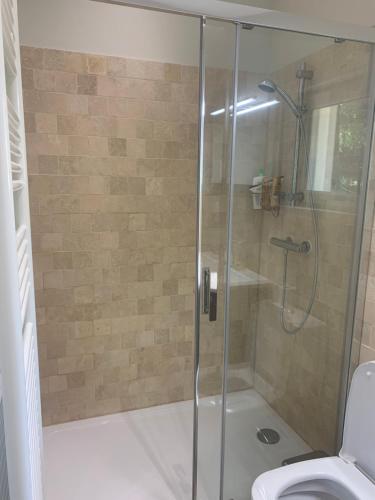 um chuveiro com uma porta de vidro ao lado de um WC em Guest House em Montauroux