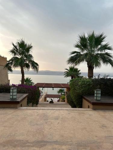 a park with palm trees and a view of the water at O Beach Hotel & Resort in Sowayma