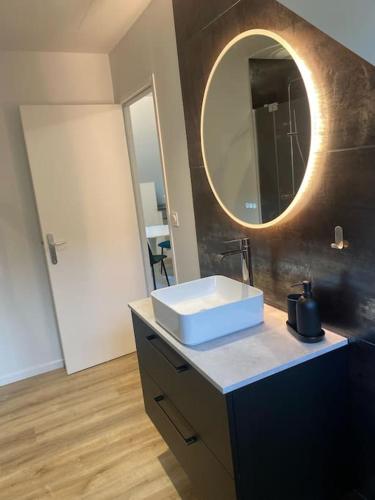 une salle de bain avec un lavabo et un miroir dans l'établissement Studio au centre de Quintin, à Quintin
