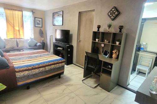 a bedroom with a bed and a television in it at Departamento un salto a la frontera in Piedras Negras