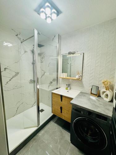 une salle de bain avec douche et machine à laver dans l'établissement Résidence la Corniche appartement rénové de 66m2 pleine vue mer!, à Sète
