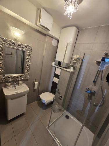 a bathroom with a shower and a toilet and a sink at Pulse2 in Podhájska