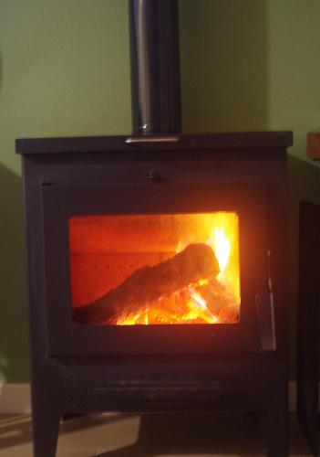 a stove with a fire inside of it at Villa Saudade, casa entre encinas in El Castillo de las Guardas
