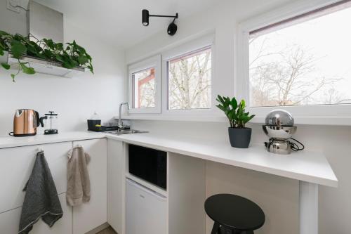 a white kitchen with a counter and a sink at Apartment for one - grey in Tallinn