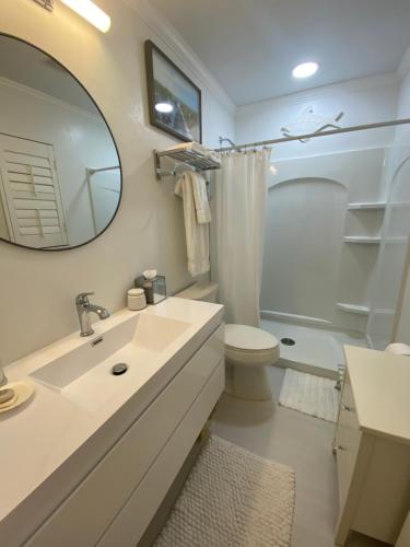 a bathroom with a sink and a toilet and a mirror at Closest 1BR to Vanderbilt Beach, full kitchen with dishwasher, ALL NEW! in Naples