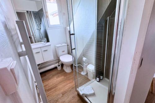 a bathroom with a toilet and a glass shower at Studio chic & cosy, RER D, Orly 15min in Villeneuve-Saint-Georges