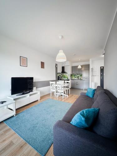 a living room with a couch and a blue rug at 306 BALTICA Hallera 223 Apartamenty zresetuj się w Gdańsku blisko morza in Gdańsk