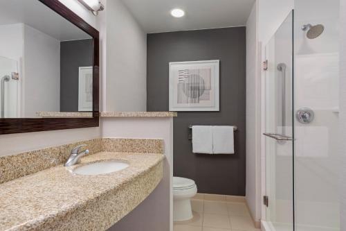 a bathroom with a sink and a toilet and a mirror at Courtyard Long Beach Airport in Long Beach
