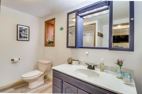 een badkamer met een wastafel, een toilet en een spiegel bij Lovely Tobyhanna Getaway with Game Room and Fire Pit! in Tobyhanna