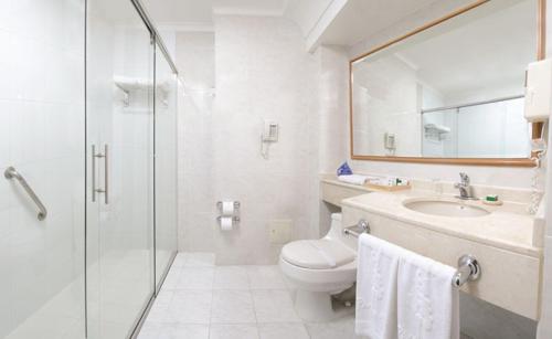 a bathroom with a toilet and a sink and a shower at Hotel Parque 97 Suites in Bogotá