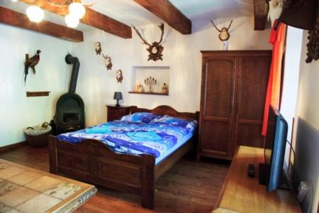 a bedroom with a bed and a wood stove at Penzion U Svaté Kateřiny in Rožmberk nad Vltavou