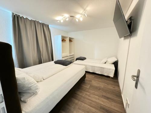 a room with two beds and a tv at Deluxe Apartment in Bonn
