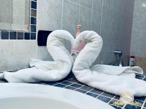 a bathroom counter with towels in the shape of swans at Casa belvedere in Anzio
