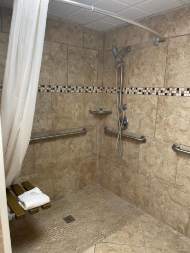 a bathroom with a shower with a shower curtain at Suburban Studios in Cordele