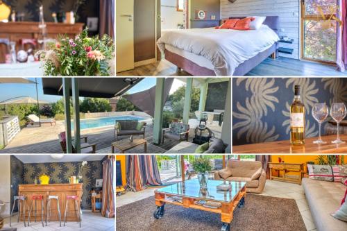 un collage de photos d'une chambre et d'un salon dans l'établissement Maison d'Architecte : Espace, Calme & Piscine, à Périgueux