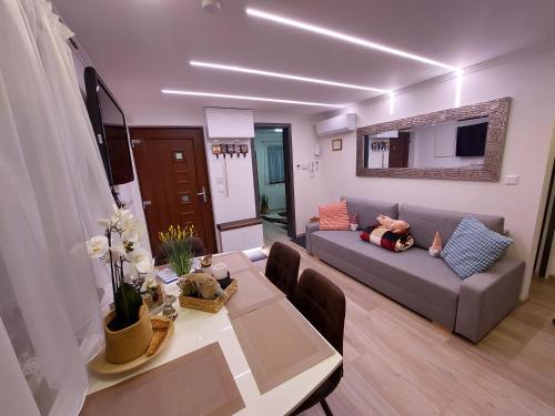 ein Wohnzimmer mit einem Sofa und einem Esstisch in der Unterkunft Dénár Apartman in Veresegyház