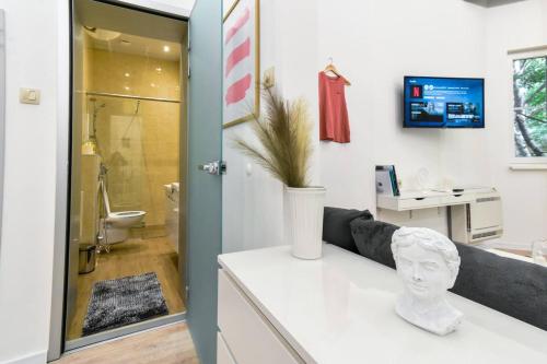 索非亞的住宿－Stunning Duplex Condo In City Center For 2 Couples，一间带卫生间的浴室和位于柜台上的花瓶