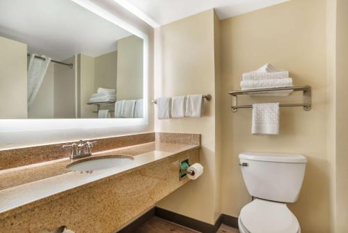 a bathroom with a toilet and a sink and a mirror at Best Western Oak Manor in Biloxi
