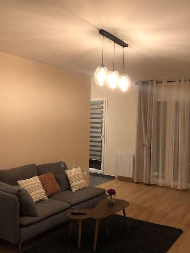 un salon avec un canapé et une table dans l'établissement Superbe Appartement tout équipé, Le nid d'Eva à Metz Gare, Parking privé, Balcon, F2, 50m2, 3p, à Metz