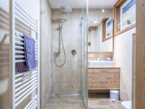 a bathroom with a shower and a sink at am Waldrand in Wörgl
