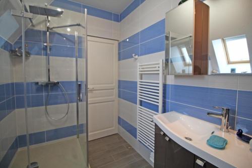 uma casa de banho com um chuveiro e um lavatório. em Les deux chenes em Saint-Denis-des-Murs
