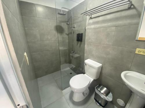 ein Bad mit einer Dusche, einem WC und einem Waschbecken in der Unterkunft Room in Samana in Santa Bárbara de Samaná
