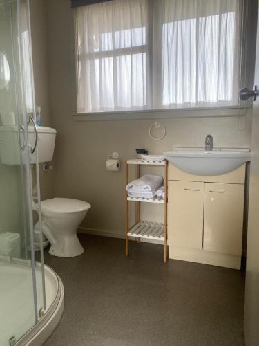a bathroom with a sink and a toilet and a window at Ashbury Park Motel in Timaru