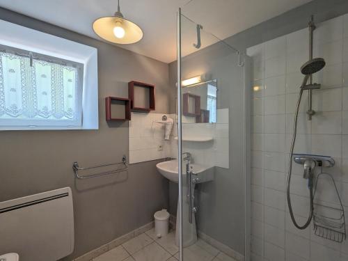 ein Bad mit einer Dusche und einem Waschbecken in der Unterkunft Gîte Frédille, 3 pièces, 4 personnes - FR-1-591-235 